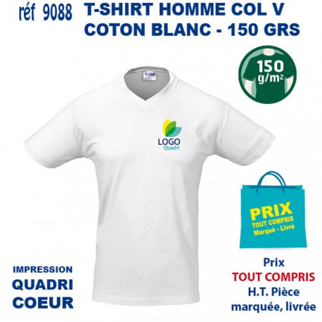 T SHIRT MIXTE COL V BLANC 150 GRS IMP COEUR 9088 T SHIRTS BLANCS PUBLICITAIRES PERSONNALISES  2,69 €