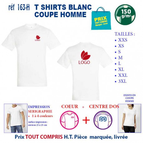 T SHIRT BLANC PUBLICITAIRE COTON HOMME 150 GRS REF 163 H 163 H T SHIRTS BLANCS PUBLICITAIRES PERSONNALISES  5,02 €