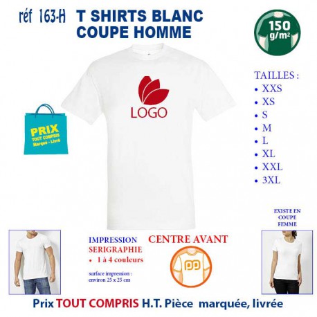 T SHIRT BLANC PUBLICITAIRE COTON HOMME 150 GRS REF 163 H 163 H T SHIRTS BLANCS PUBLICITAIRES PERSONNALISES  5,02 €