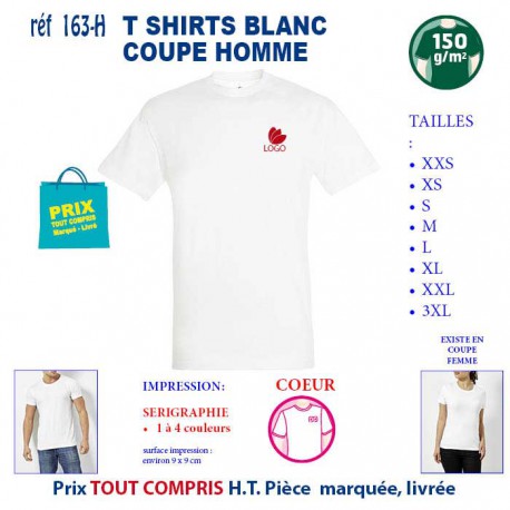 T SHIRT BLANC PUBLICITAIRE COTON HOMME 150 GRS REF 163 H 163 H T SHIRTS BLANCS PUBLICITAIRES PERSONNALISES  5,02 €