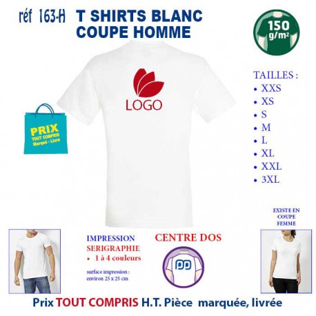 T SHIRT BLANC PUBLICITAIRE COTON HOMME 150 GRS REF 163 H 163 H T SHIRTS BLANCS PUBLICITAIRES PERSONNALISES  5,02 €