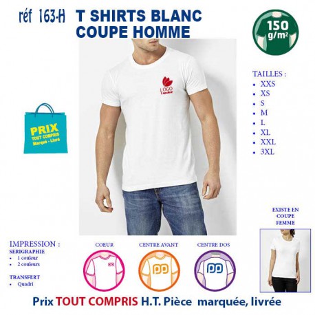 T SHIRT BLANC PUBLICITAIRE COTON HOMME 150 GRS REF 163 H 163 H T SHIRTS BLANCS PUBLICITAIRES PERSONNALISES  5,02 €