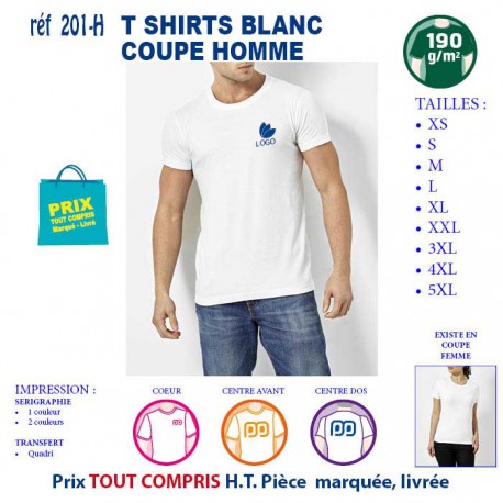 T SHIRT BLANC PUBLICITAIRE COTON HOMME 190 GRS REF 201 H 201 H T SHIRTS BLANCS PUBLICITAIRES PERSONNALISES  5,04 €