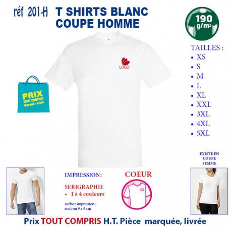 T SHIRT BLANC PUBLICITAIRE COTON HOMME 190 GRS REF 201 H 201 H T SHIRTS BLANCS PUBLICITAIRES PERSONNALISES  5,04 €