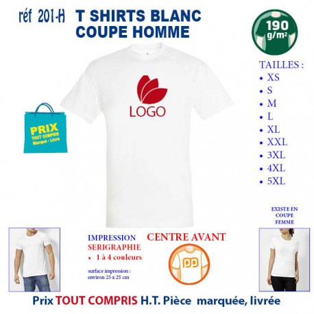 T SHIRT BLANC PUBLICITAIRE COTON HOMME 190 GRS REF 201 H 201 H T SHIRTS BLANCS PUBLICITAIRES PERSONNALISES  5,04 €