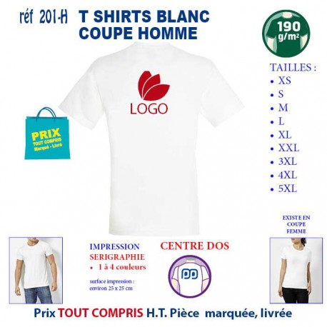 T SHIRT BLANC PUBLICITAIRE COTON HOMME 190 GRS REF 201 H 201 H T SHIRTS BLANCS PUBLICITAIRES PERSONNALISES  5,04 €