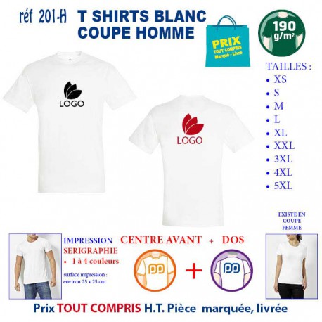 T SHIRT BLANC PUBLICITAIRE COTON HOMME 190 GRS REF 201 H 201 H T SHIRTS BLANCS PUBLICITAIRES PERSONNALISES  5,04 €