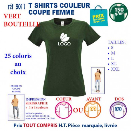 T-SHIRT COULEUR FEMME VERT BOUTEILLE REF 9011 9011 VERT BOUTEILLE T-SHIRT COTON FEMME 150 GRS  2,90 €