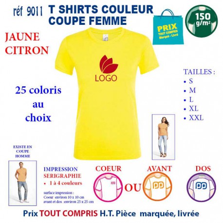 T-SHIRT COULEUR FEMME JAUNE CITRON REF 9011 9011 JAUNE CITRON T-SHIRT COTON FEMME 150 GRS  2,90 €