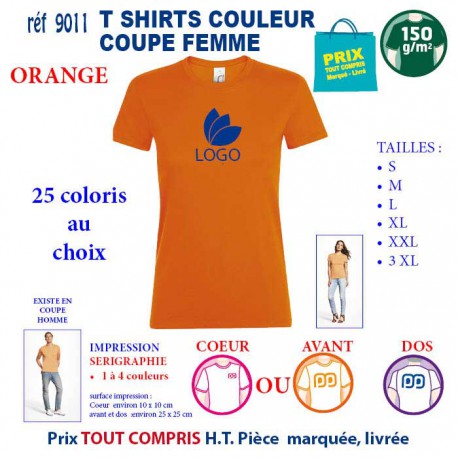 T-SHIRT COULEUR FEMME ORANGE REF 9011 9011 ORANGE T-SHIRT COTON FEMME 150 GRS  2,90 €