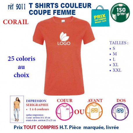 T-SHIRT COULEUR FEMME CORAIL REF 9011 9011 CORAIL T-SHIRT COTON FEMME 150 GRS  2,90 €