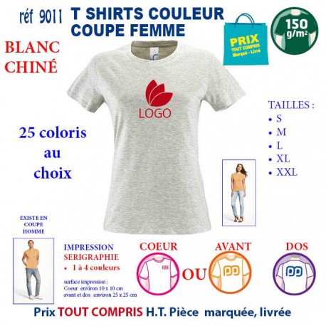 T-SHIRT COULEUR FEMME BLANC CHINE REF 9011 9011 BLANC CHINE T-SHIRT COTON FEMME 150 GRS  2,90 €