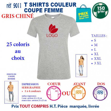 T-SHIRT COULEUR FEMME GRIS CHINE REF 9011 9011 GRIS CHINE T-SHIRT COTON FEMME 150 GRS  2,90 €