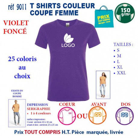 T-SHIRT COULEUR FEMME VIOLET FONCE REF 9011 9011 VIOLET FONCE T-SHIRT COTON FEMME 150 GRS  2,90 €