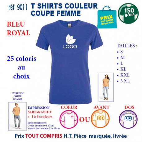 T-SHIRT COULEUR FEMME BLEU ROYAL REF 9011 9011 BLEU ROYAL T-SHIRT COTON FEMME 150 GRS  2,90 €