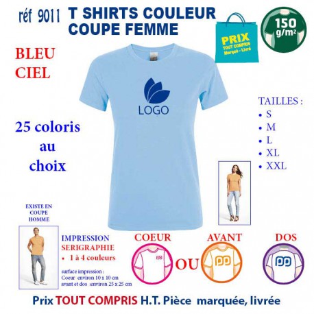 T-SHIRT COULEUR FEMME BLEU CIEL REF 9011 9011 BLEU CIEL T-SHIRT COTON FEMME 150 GRS  2,90 €