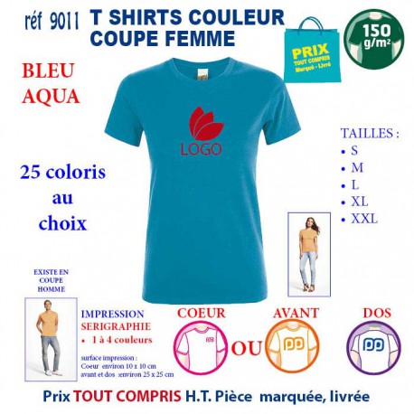 T-SHIRT COULEUR FEMME BLEU AQUA REF 9011 9011 BLEU AQUA T-SHIRT COTON FEMME 150 GRS  2,90 €