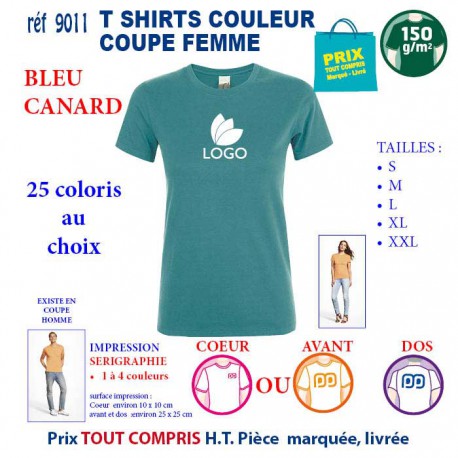 T-SHIRT COULEUR FEMME BLEU CANARD REF 9011 9011 BLEU CANARD T-SHIRT COTON FEMME 150 GRS  2,90 €