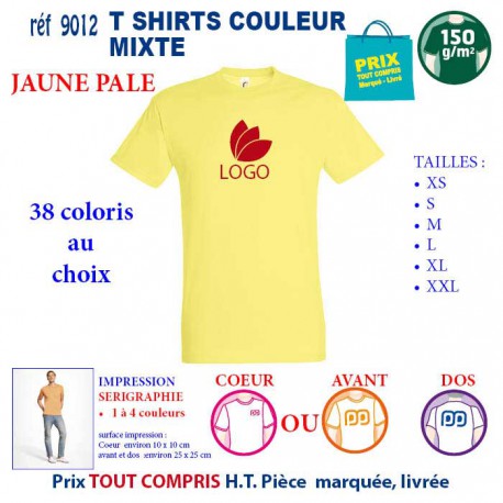 T-SHIRT COULEUR MIXTE JAUNE PALE REF 9012 9012 JAUNE PALE T-SHIRT COTON MIXTE 150 GRS  2,90 €