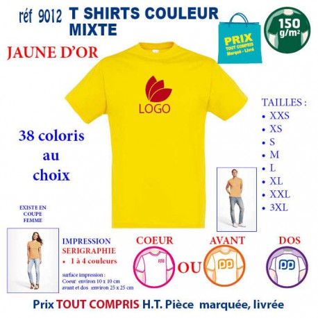 T-SHIRT COULEUR MIXTE JAUNE D'OR REF 9012 9012 JAUNE D'OR T-SHIRT COTON MIXTE 150 GRS  2,90 €