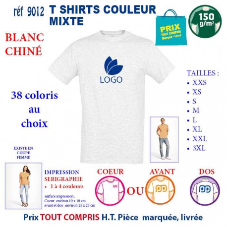 T-SHIRT COULEUR MIXTE BLANC CHINE REF 9012 9012 BLANC CHINE T-SHIRT COTON MIXTE 150 GRS  2,90 €