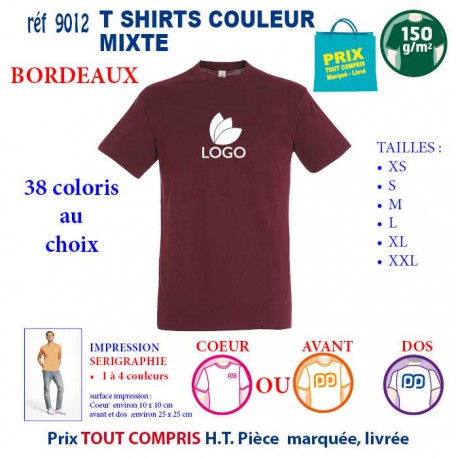 T-SHIRT COULEUR MIXTE BORDEAUX REF 9012 9012 BORDEAUX T-SHIRT COTON MIXTE 150 GRS  2,90 €