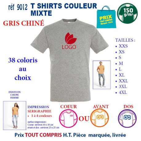 T-SHIRT COULEUR MIXTE GRIS CHINE REF 9012 9012 GRIS CHINE T-SHIRT COTON MIXTE 150 GRS  2,90 €