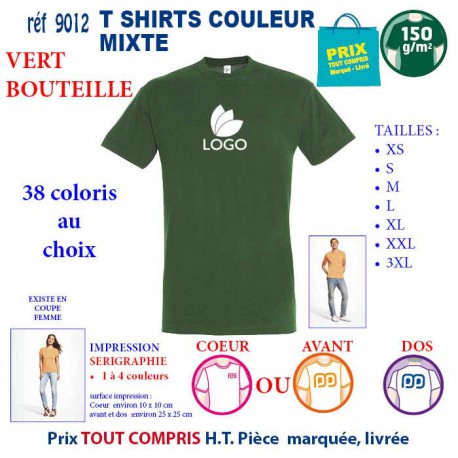 T-SHIRT COULEUR MIXTE VERT BOUTEILLE REF 9012 9012 VERT BOUTEILLE T-SHIRT COTON MIXTE 150 GRS  2,90 €