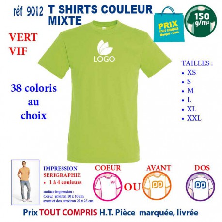 T-SHIRT COULEUR MIXTE VERT VIF REF 9012 9012 VERT VIF T-SHIRT COTON MIXTE 150 GRS  2,90 €