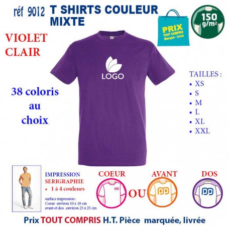 T-SHIRT COULEUR MIXTE VIOLET CLAIR REF 9012 9012 VIOLET CLAIR T-SHIRT COTON MIXTE 150 GRS  2,90 €