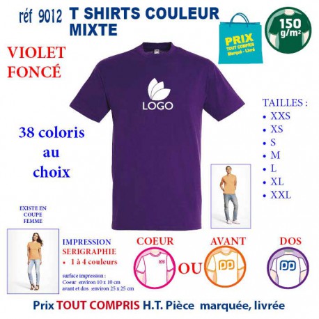 T-SHIRT COULEUR MIXTE VIOLET FONCE REF 9012 9012 VIOLET FONCE T-SHIRT COTON MIXTE 150 GRS  2,90 €