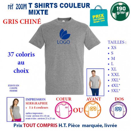 T-SHIRT COULEUR GRIS CHINE MIXTE 190 G REF 200 M 200 M GRIS CHINE T-SHIRT MIXTE COTON 190 GRS  3,05 €