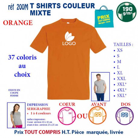 T-SHIRT COULEUR ORANGE MIXTE 190 G REF 200 M 200 M ORANGE T-SHIRT MIXTE COTON 190 GRS  3,05 €