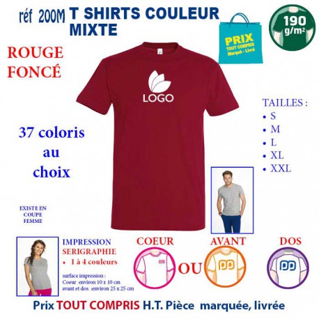 T-SHIRT COULEUR ROUGE FONCE MIXTE 190 G REF 200 M 200 M ROUGE FONCE T-SHIRT MIXTE COTON 190 GRS  3,05 €