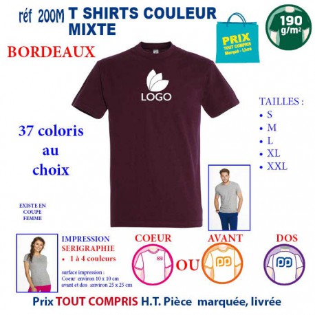 T-SHIRT COULEUR BORDEAUX MIXTE 190 G REF 200 M 200 M BORDEAUX T-SHIRT MIXTE COTON 190 GRS  3,05 €