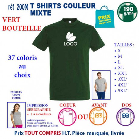 T-SHIRT COULEUR VERT BOUTEILLE MIXTE 190 G REF 200 M 200 M VERT BOUTEILLE T-SHIRT MIXTE COTON 190 GRS  3,05 €