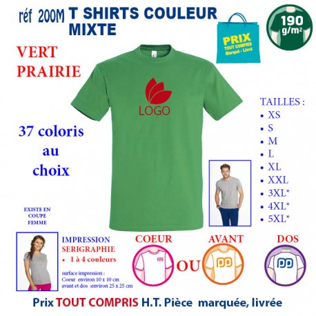 T-SHIRT COULEUR VERT PRAIRIE MIXTE 190 G REF 200 M 200 M VERT PRAIRIE T-SHIRT MIXTE COTON 190 GRS  3,05 €