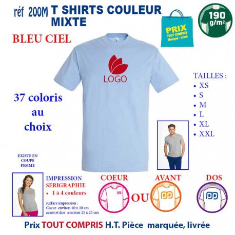 T-SHIRT COULEUR BLEU CIEL MIXTE 190 G REF 200 M 200 M BLEU CIEL T-SHIRT MIXTE COTON 190 GRS  3,05 €