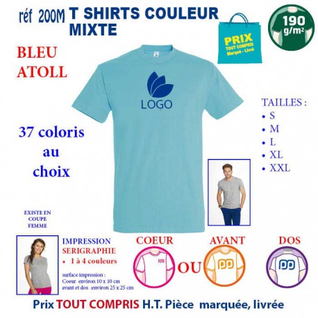 T-SHIRT COULEUR BLEU ATOLL MIXTE 190 G REF 200 M 200 M BLEU ATOLL T-SHIRT MIXTE COTON 190 GRS  3,05 €