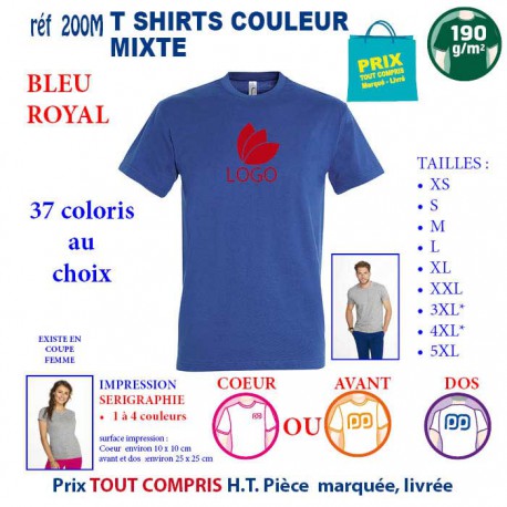 T-SHIRT COULEUR BLEU ROYAL MIXTE 190 G REF 200 M 200 M BLEU ROYAL T-SHIRT MIXTE COTON 190 GRS  3,05 €
