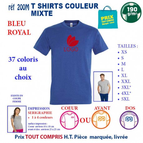 T-SHIRT COULEUR BLEU ROYAL MIXTE 190 G REF 200 M 200 M BLEU ROYAL T-SHIRT MIXTE COTON 190 GRS  3,05 €