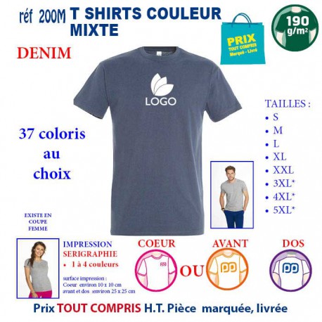 T-SHIRT COULEUR DENIM MIXTE 190 G REF 200 M 200 M DENIM T-SHIRT MIXTE COTON 190 GRS  3,05 €