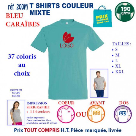 T-SHIRT COULEUR BLEU CARAIBES MIXTE 190 G REF 200 M 200 M BLEU CARAIBES T-SHIRT MIXTE COTON 190 GRS  3,05 €