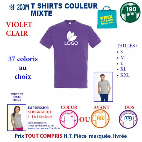 T-SHIRT COULEUR VIOLET CLAIR MIXTE 190 G REF 200 M 200 M VIOLET CLAIR T-SHIRT MIXTE COTON 190 GRS  3,05 €