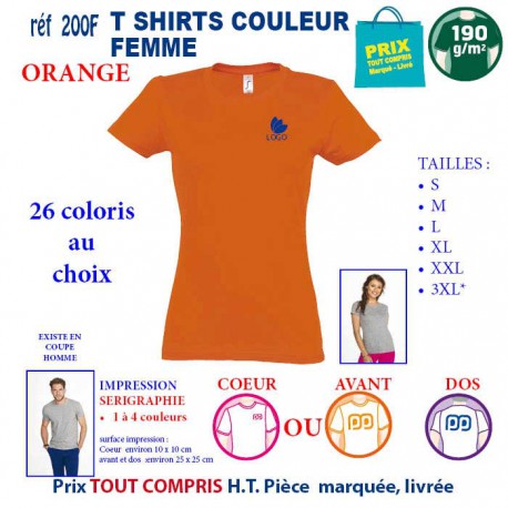 T-SHIRT COULEUR FEMME ORANGE 190 G REF 200 F 200 F ORANGE T-SHIRT FEMME COTON 190 GRS  3,05 €