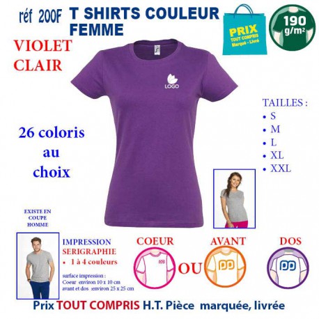 T-SHIRT COULEUR VIOLET CLAIR 190 G REF 200 F 200 F VIOLET CLAIR T-SHIRT FEMME COTON 190 GRS  3,05 €