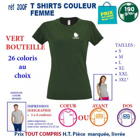 T-SHIRT COULEUR FEMME VERT BOUTEILLE 190 G REF 200 F 200 F VERT BOUTEILLE T-SHIRT FEMME COTON 190 GRS  3,05 €