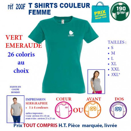 T-SHIRT COULEUR VERT EMERAUDE 190 G REF 200 F 200 F VERT EMERAUDE T-SHIRT FEMME COTON 190 GRS  3,05 €