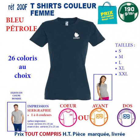 T-SHIRT COULEUR BLEU PETROLE 190 G REF 200 F 200 F BLEU PETROLE T-SHIRT FEMME COTON 190 GRS  3,05 €