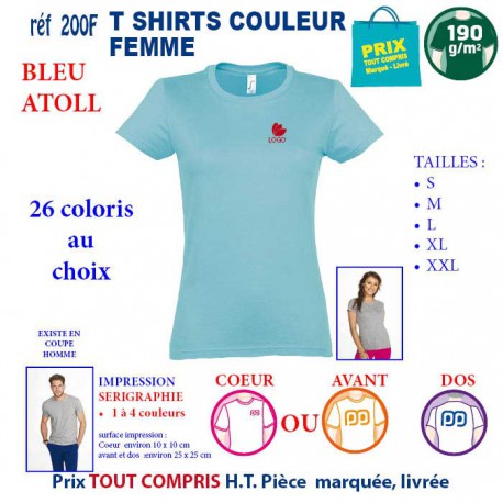 T-SHIRT COULEUR BLEU ATOLL 190 G REF 200 F 200 F BLEU ATOLL T-SHIRT FEMME COTON 190 GRS  3,05 €